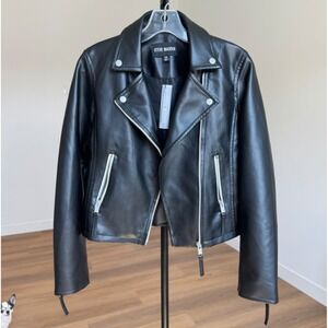 NWT Steve Madden Moto Biker Jacket Faux Leather‎ Full Zip Black XS Women's